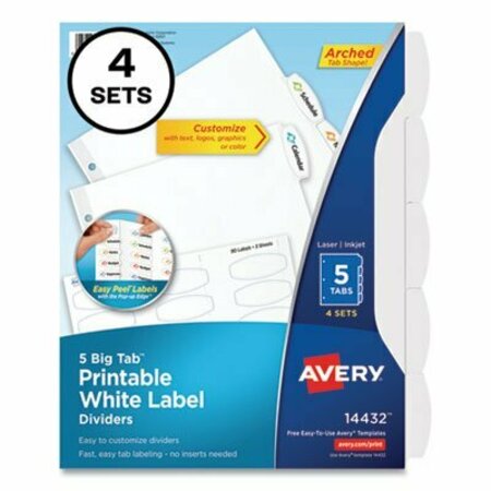 AVERY Big Tab Printable White Label Tab Dividers, 5-Tab, Letter, White, 4PK 14432